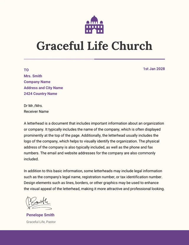 Broken White And Purple Minimalist Church Letterhead Template