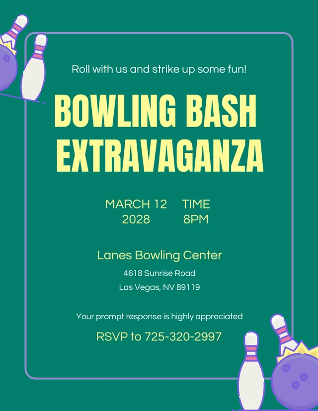 Modèle d'invitation au bowling vert jaune