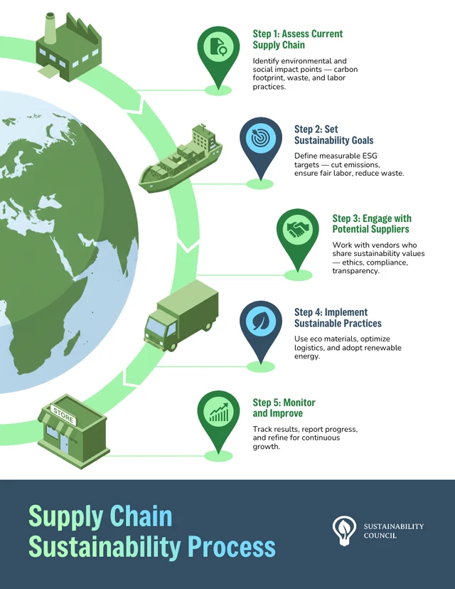 Modèle d'infographie sur le processus de durabilité de la chaîne d'approvisionnement