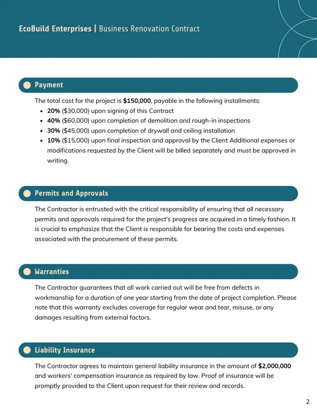 Business Renovation Contract Template - Pagina 2