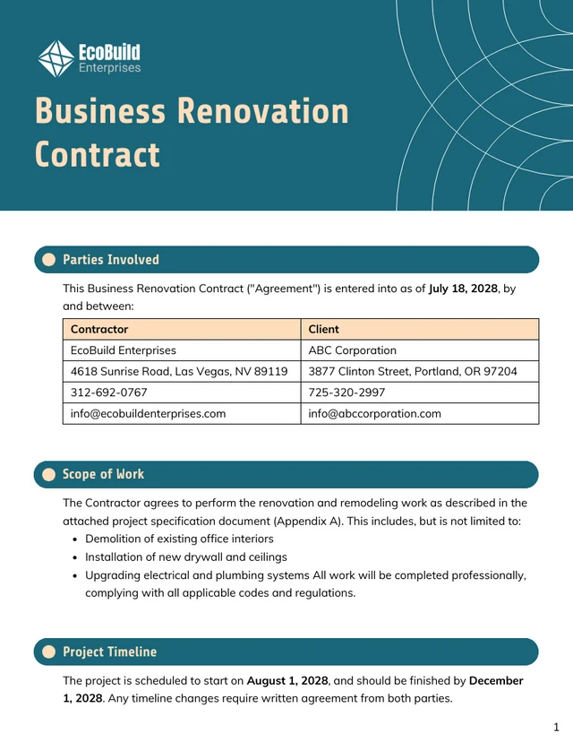 Business Renovation Contract Template - page 1