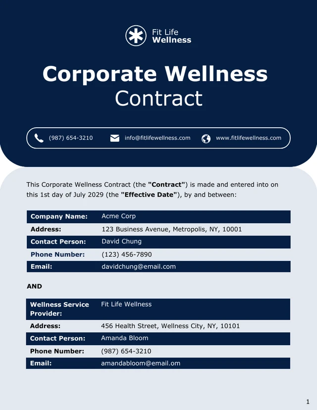 Corporate Wellness Contract Template - Page 1