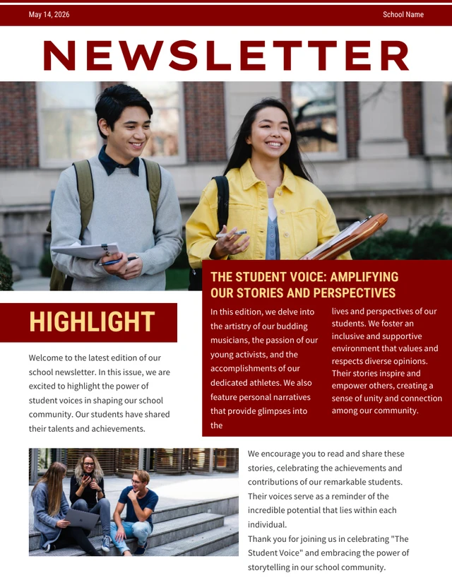 Maroon And Yellow Simple School Newsletter Template