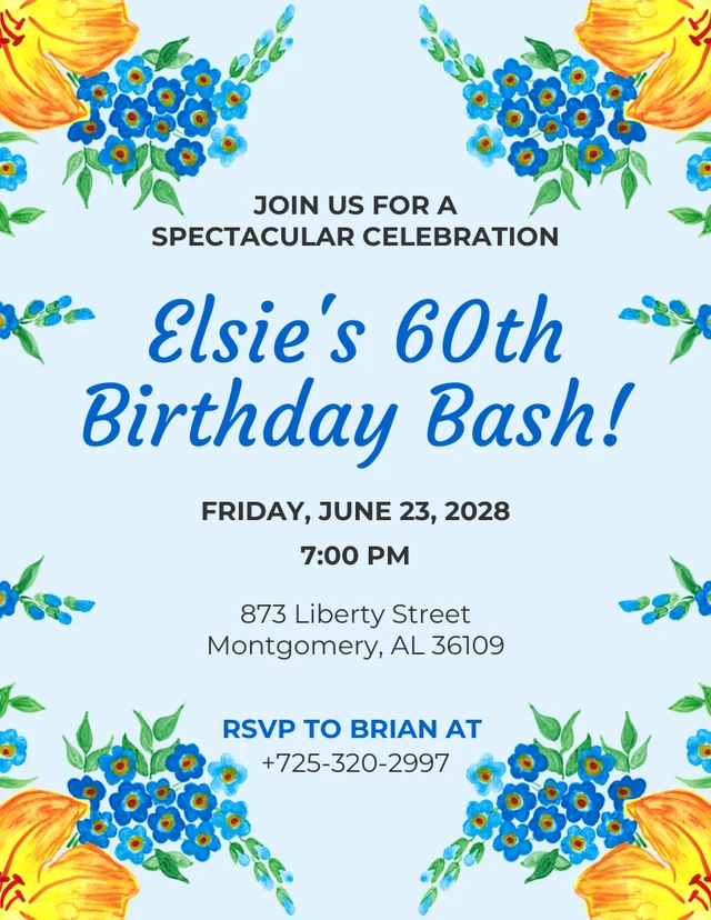 Modèle d'invitation de fête d'anniversaire 60 ans floral esthétique bleu bébé
