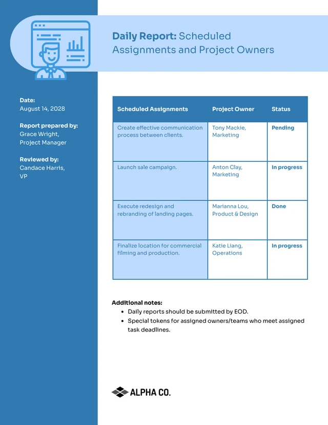 Modelo de relatório diário editável em azul e branco