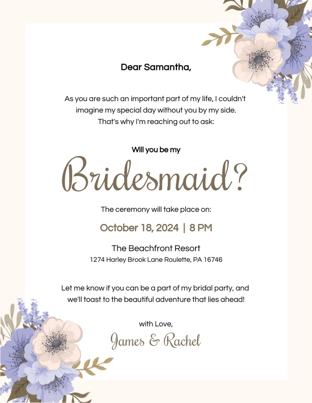 Cream And Purple Floral Bridesmaid Invitation Template