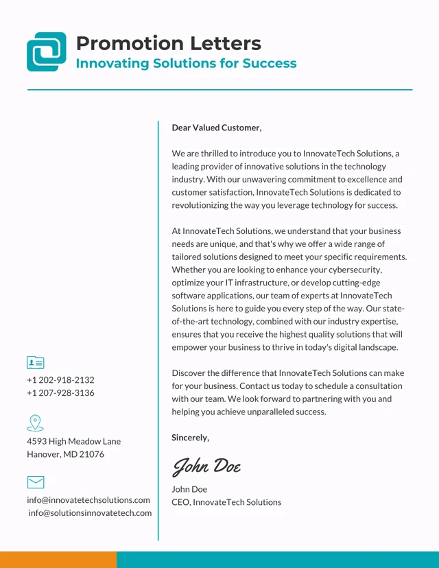 Teal And White Minimalist Professional Promotion Letters Template