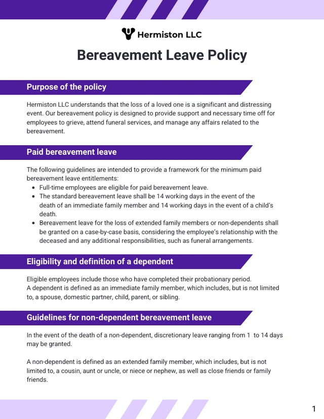 Standard Bereavement Policy Sample Template - page 1