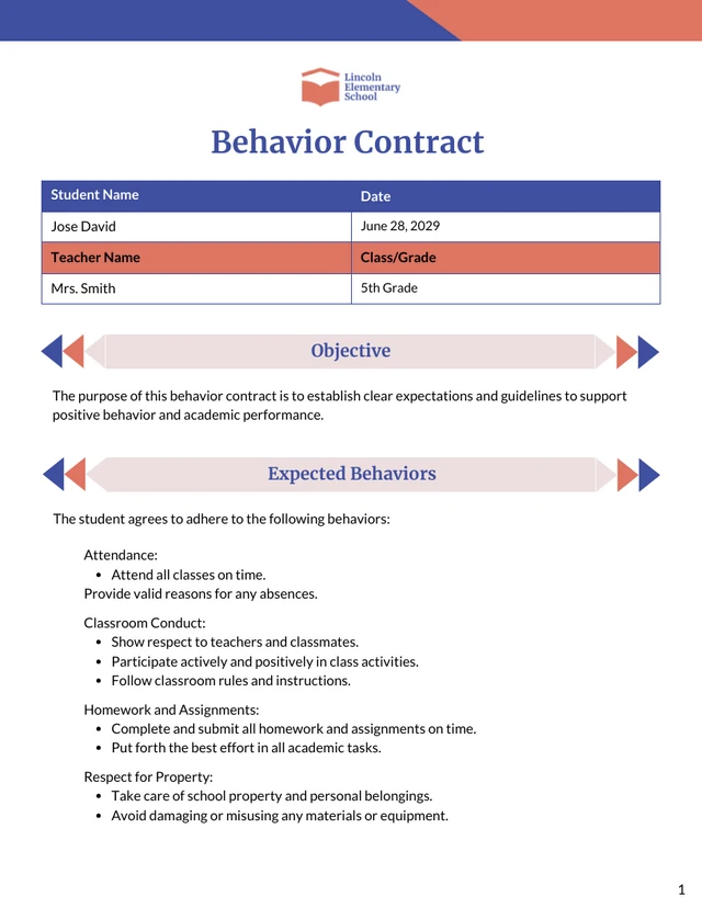 Behavior Contract Template - page 1