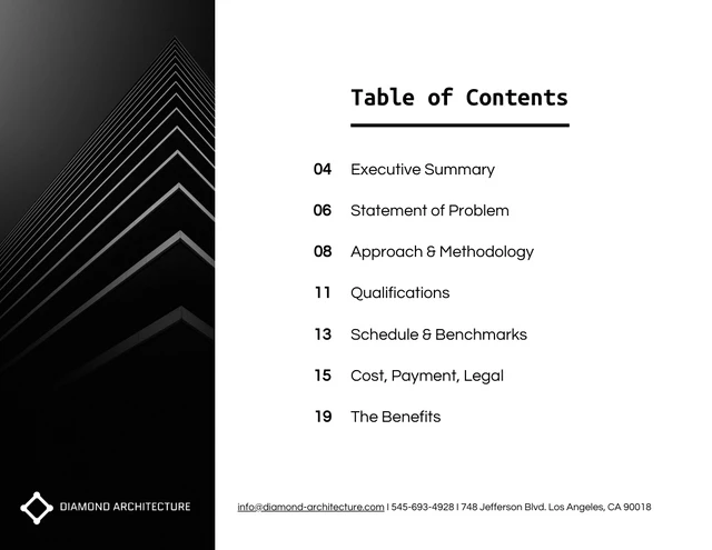 Modèle de table des matières de plan d'affaires d'architecture minimaliste