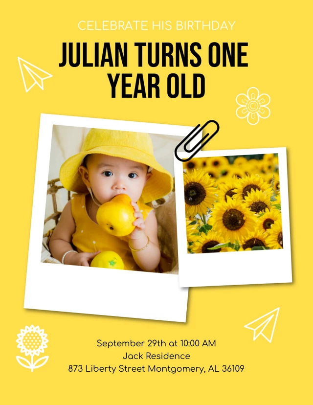 Gelb und weiß minimalistisch modernes polaroid-foto baby 1. geburtstag einladungsvorlage