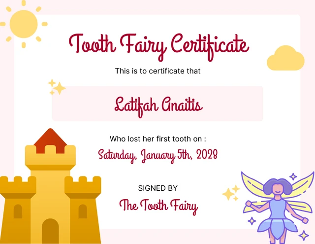 Modèle de certificat de fée des dents rose clair et blanc mignon illustration ludique