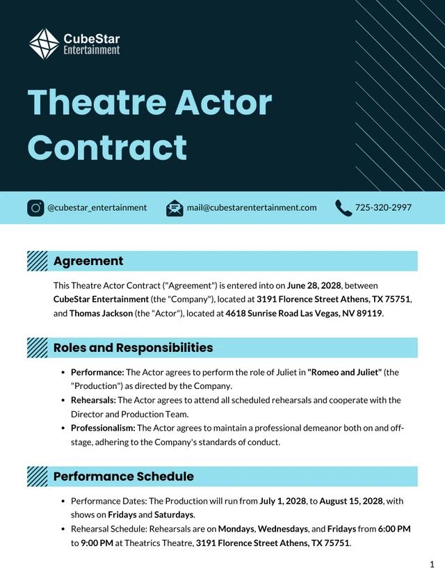 Theatre Actor Contract Template - Pagina 1