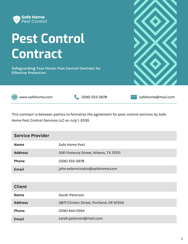 Pest Control Contract Template - Page 1