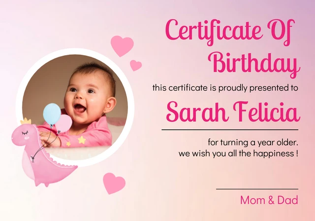 Gradient Pink Cute Illustration Birthday Certificate Template