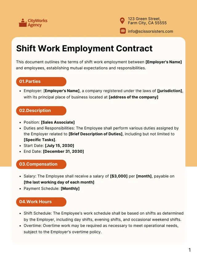 Shift Work Employment Contract Template - Pagina 1