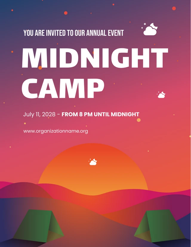 Modelo de pôster de acampamento roxo à meia-noite