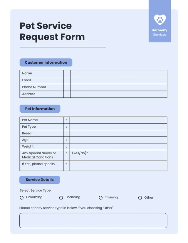 Simple Blue and White Pet Service Form Template