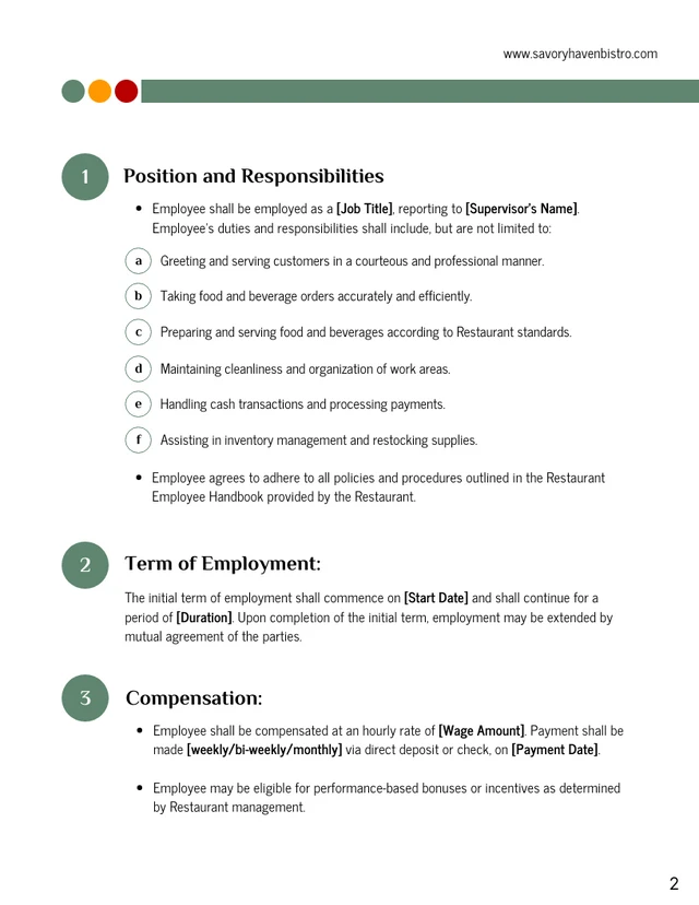 Restaurant Employment Contract Template - page 2