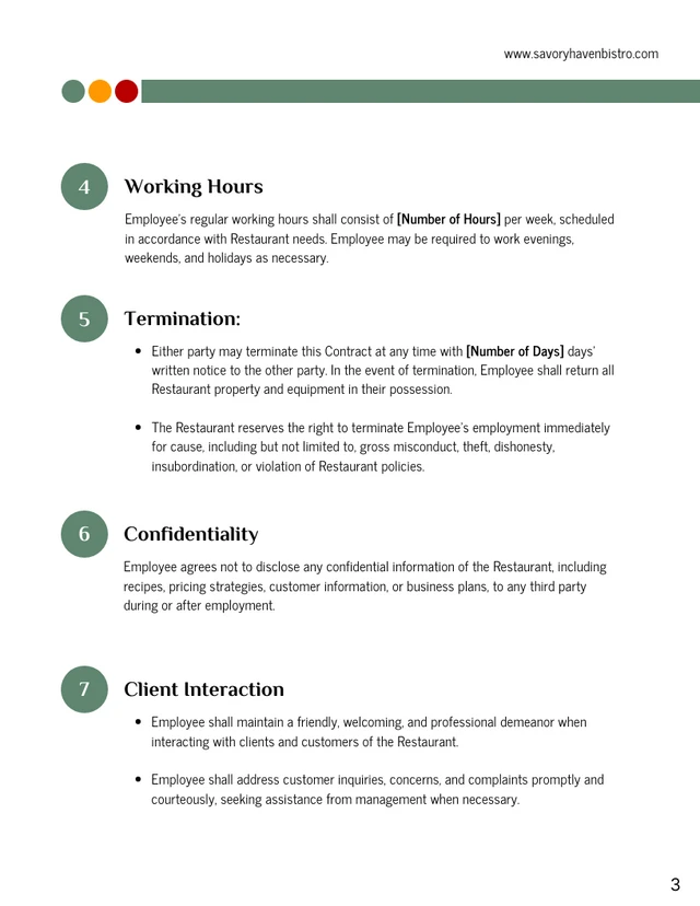 Restaurant Employment Contract Template - page 3