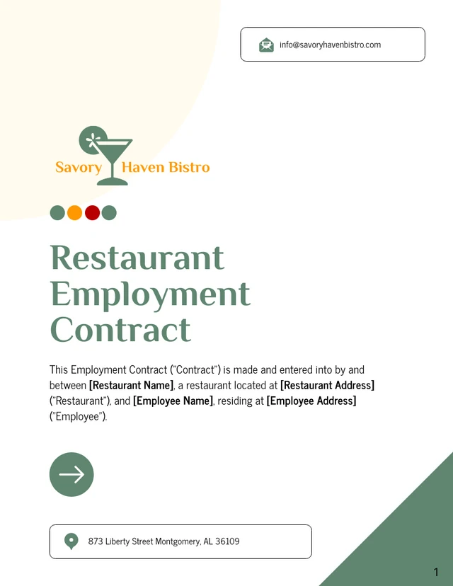 Restaurant Employment Contract Template - page 1