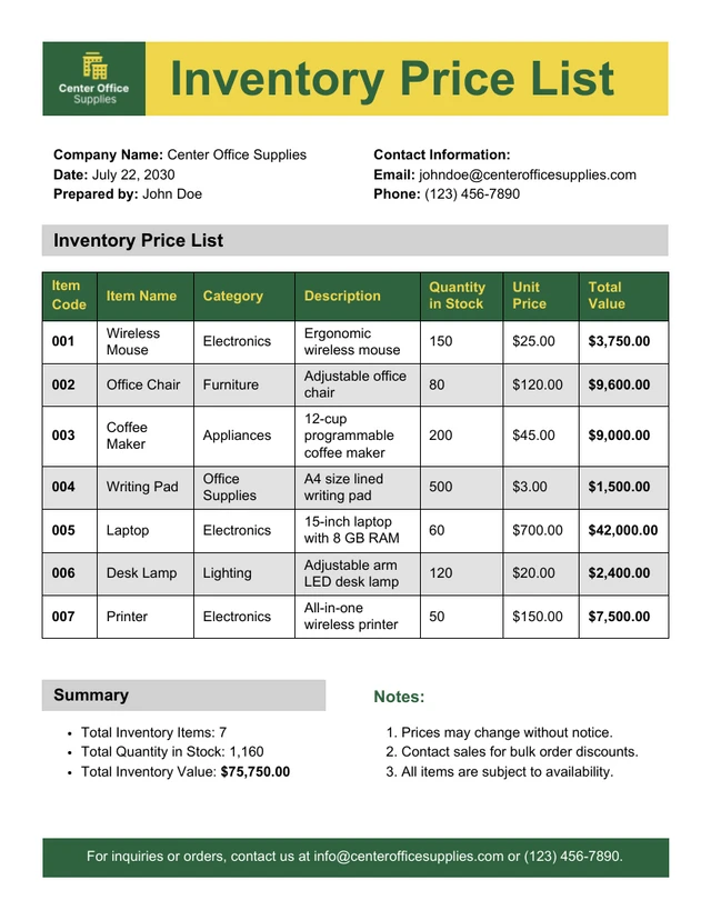 Plantilla de lista de precios de inventario