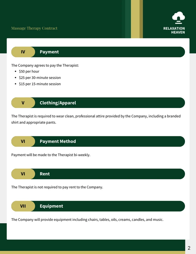 Massage Therapy Contract Template - page 2