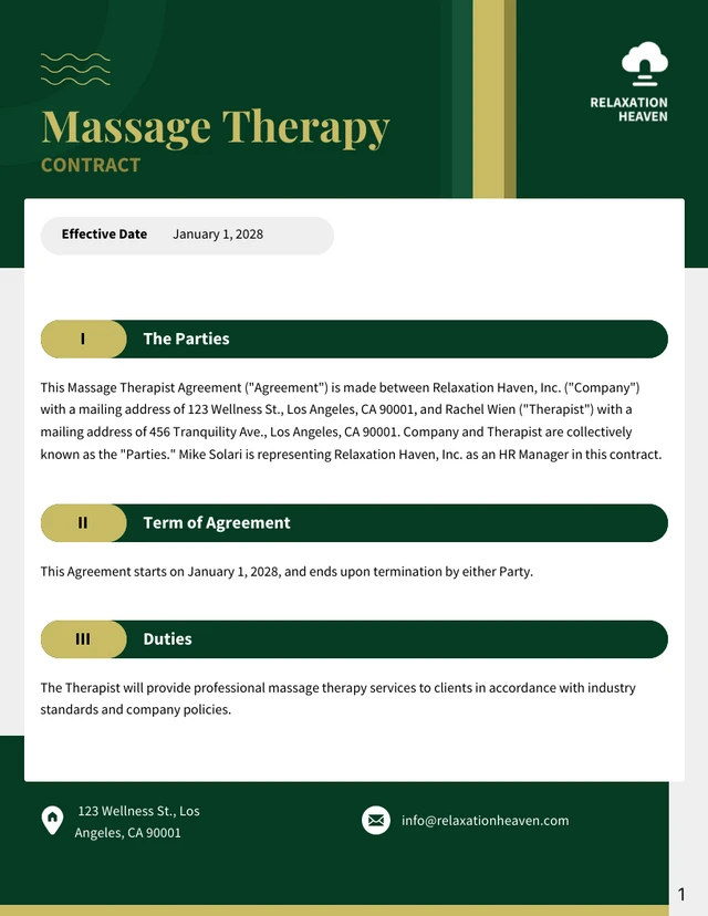 Massage Therapy Contract Template - Seite 1