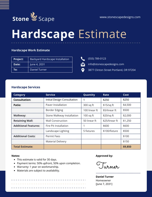 Hardscape-Kostenvoranschlagsvorlage