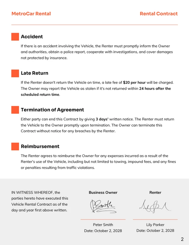 Vehicle Rental Contract Template - Page 2