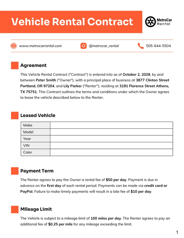 Vehicle Rental Contract Template - Page 1