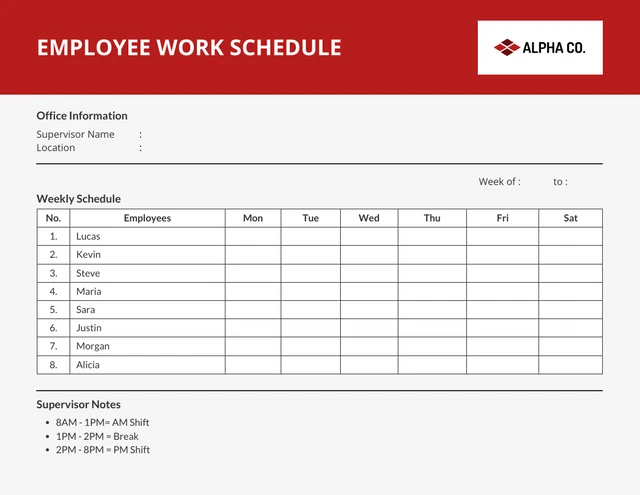Simple Red and White Employee Schedule Template
