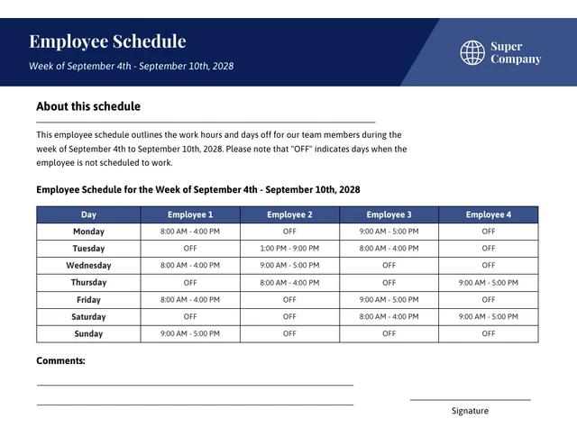 Simple Blue Employee Schedule Template