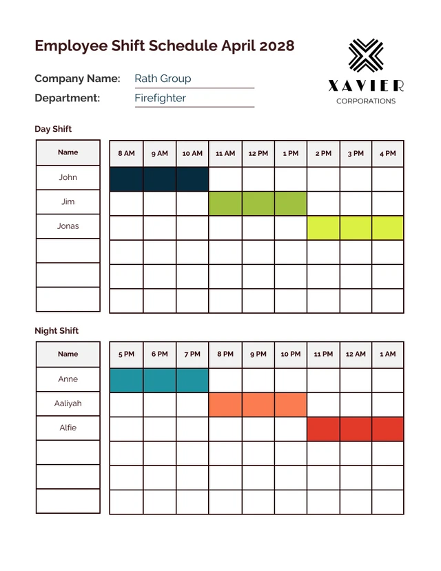 Simple Employee Firefighter Shift Schedule Monthly Template