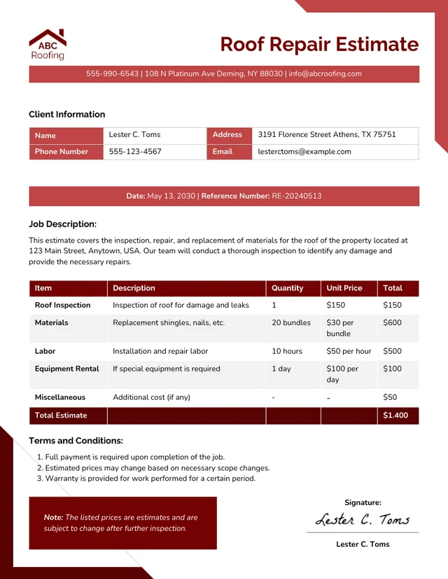 Modèle d'estimation de réparation de toiture