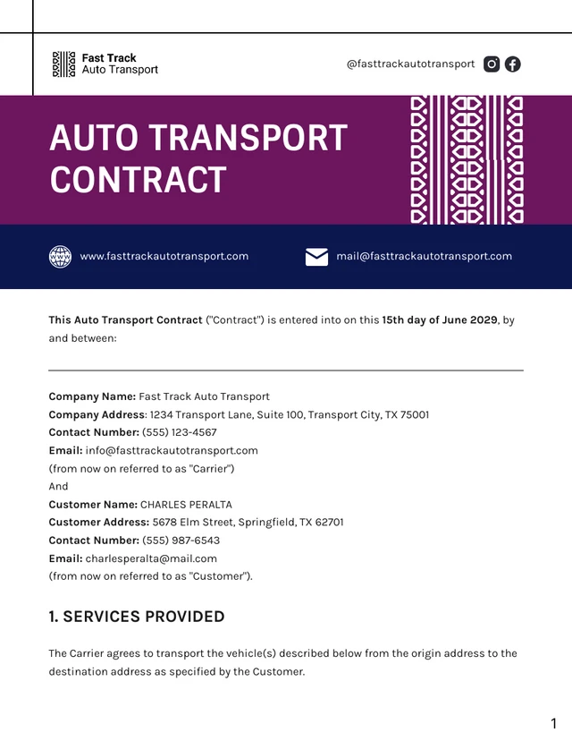 Auto Transport Contract Template - Seite 1