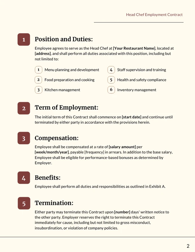 Head Chef Employment Contract Template - page 2