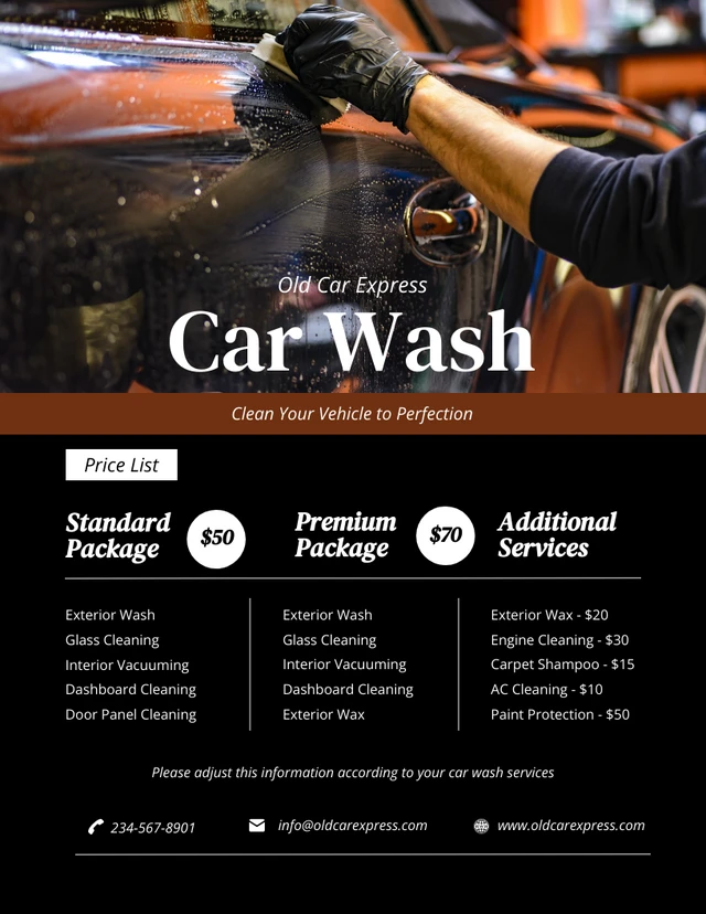 Plantilla de lista de precios de lavado de autos en color marrón oscuro