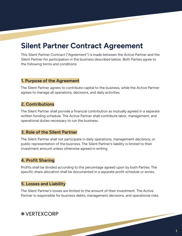 Silent Partner Contract Template - page 1