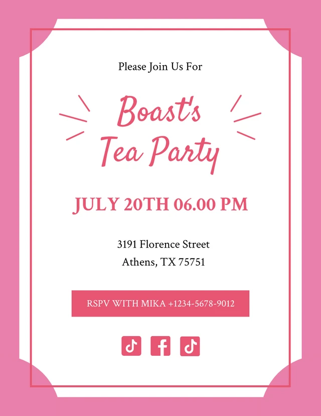 Pink And White Simple Modern Cheerful Tea Party Invitation Template