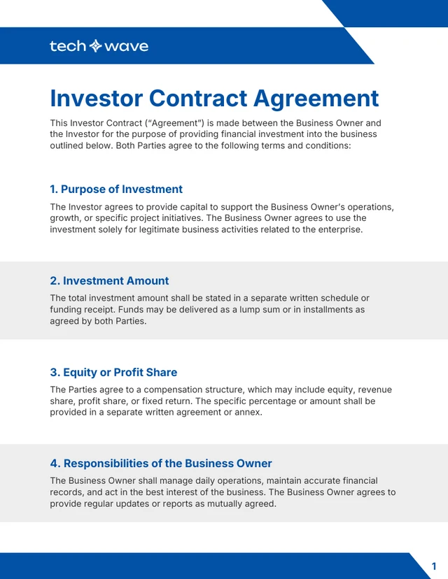 Investor Contract Template - page 1