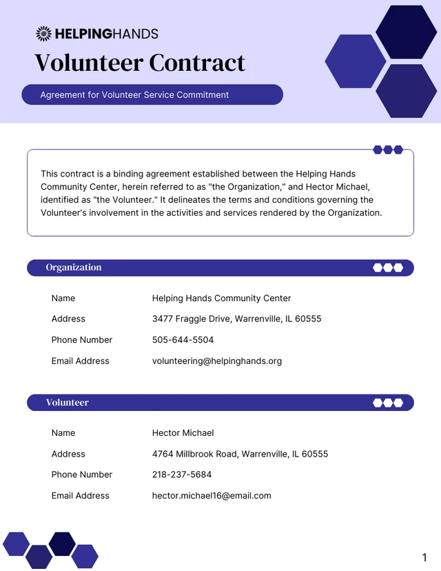 Volunteer Contract Template - page 1