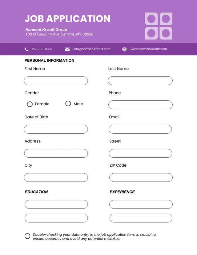 Purple and White Simple Job Application Form Template