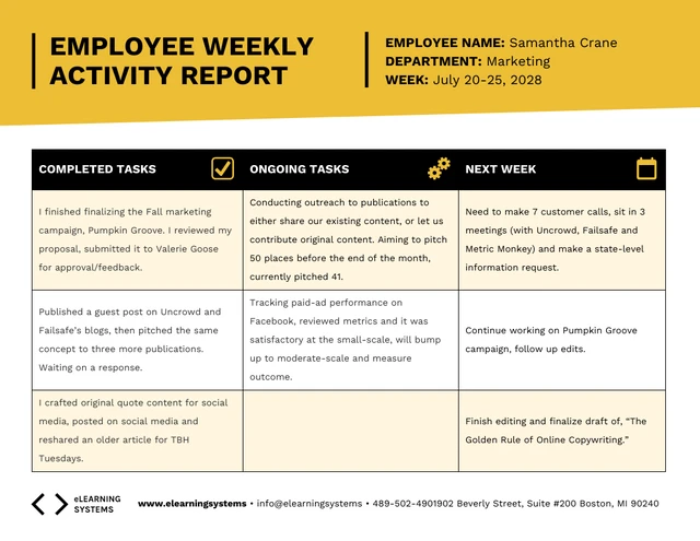 Modelo de exemplo de relatório de atividades semanais de funcionários amarelo