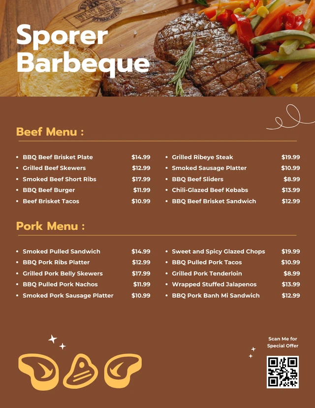 Modèle de menus de barbecue élégant marron