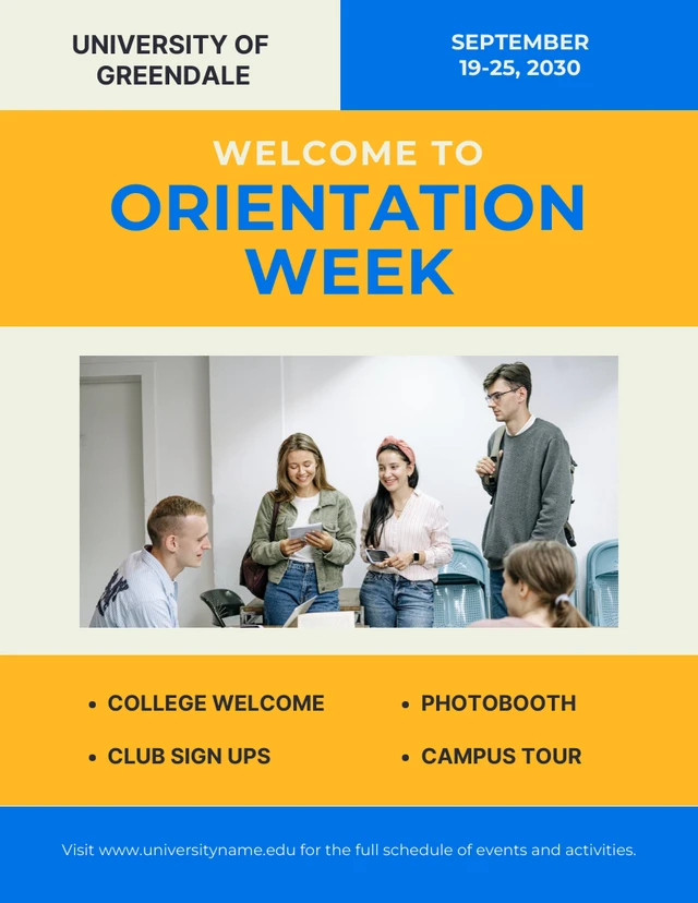 Light Yellow And Blue Modern Playful Orientation College Poster Template