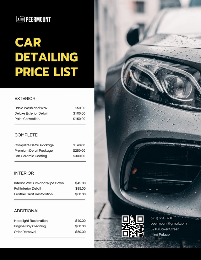 Yellow and Black Car Detailing Price Lists Template
