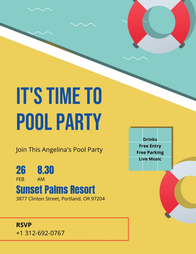 Plantilla ilustrativa amarilla de invitación a una fiesta en la piscina