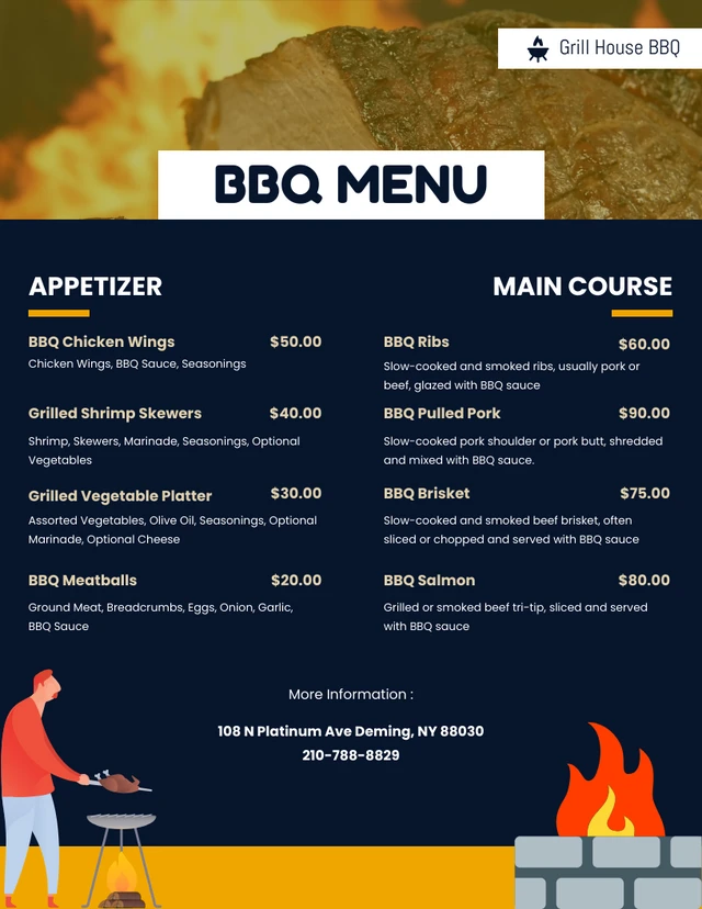 Modèle de menu de barbecue moderne simple bleu foncé et jaune