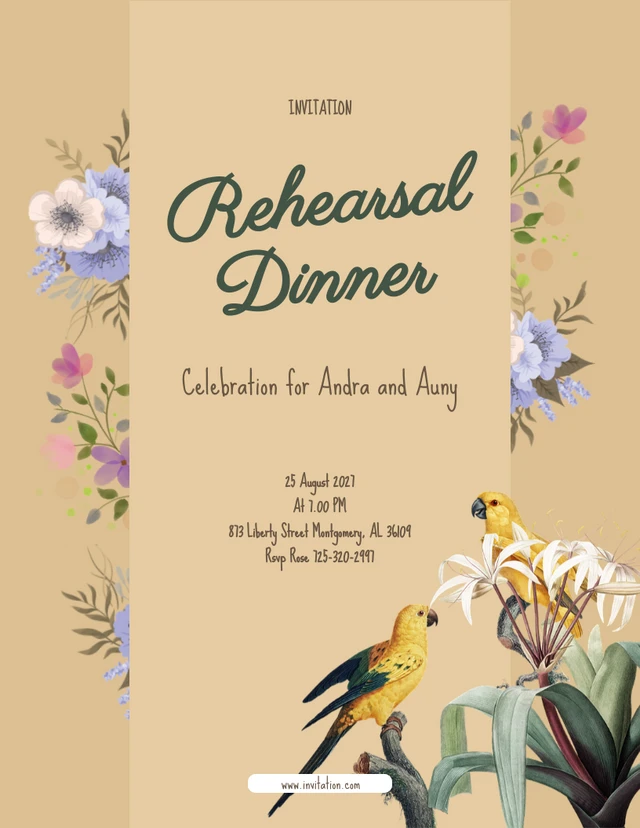 Modèle d'invitation au dîner de répétition d'oiseaux marron et jaune